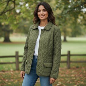 Laura Ashley Quilted Jacket Women's XL Green Lined Snap Pockets Shoulder Pads
